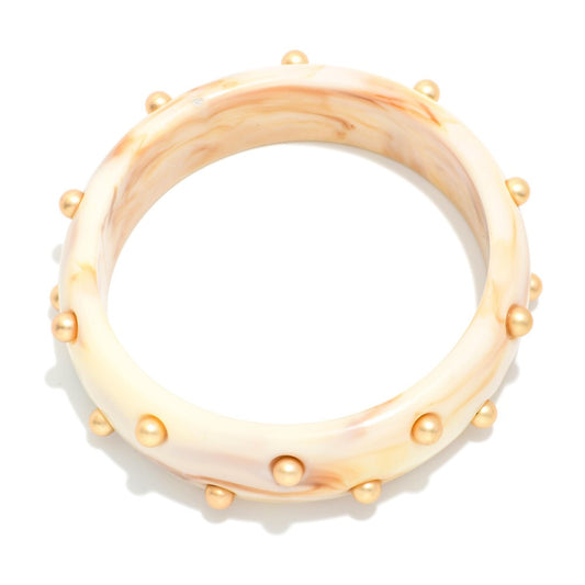 Resin Acetate Bangle Bracelet With Gold Tone Stud Accents - Ivory