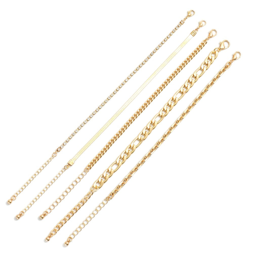 Set Of Five Chain Link & Rhinestone Bracelets