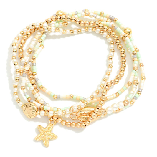 Set Of Five Beaded Stretch Bracelets Featuring Pearls, Seed Beads, & Metal Tone Sea Animal Charms - Mint