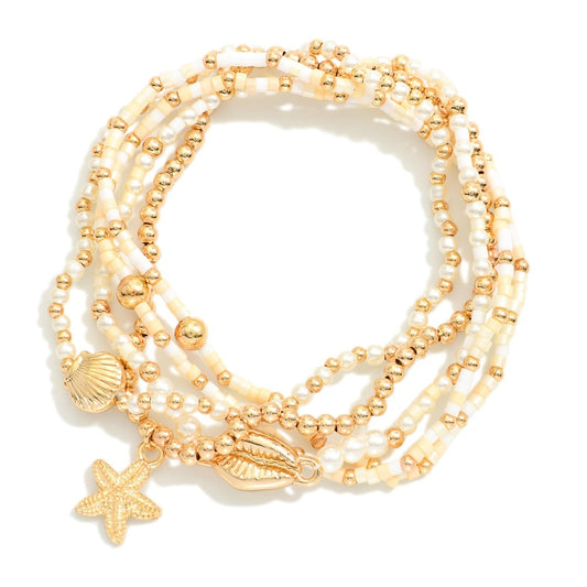 Set Of Five Beaded Stretch Bracelets Featuring Pearls, Seed Beads, & Metal Tone Sea Animal Charms - Natural