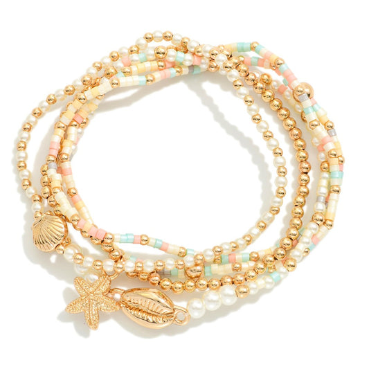 Set Of Five Beaded Stretch Bracelets Featuring Pearls, Seed Beads, & Metal Tone Sea Animal Charms - Pink Multi