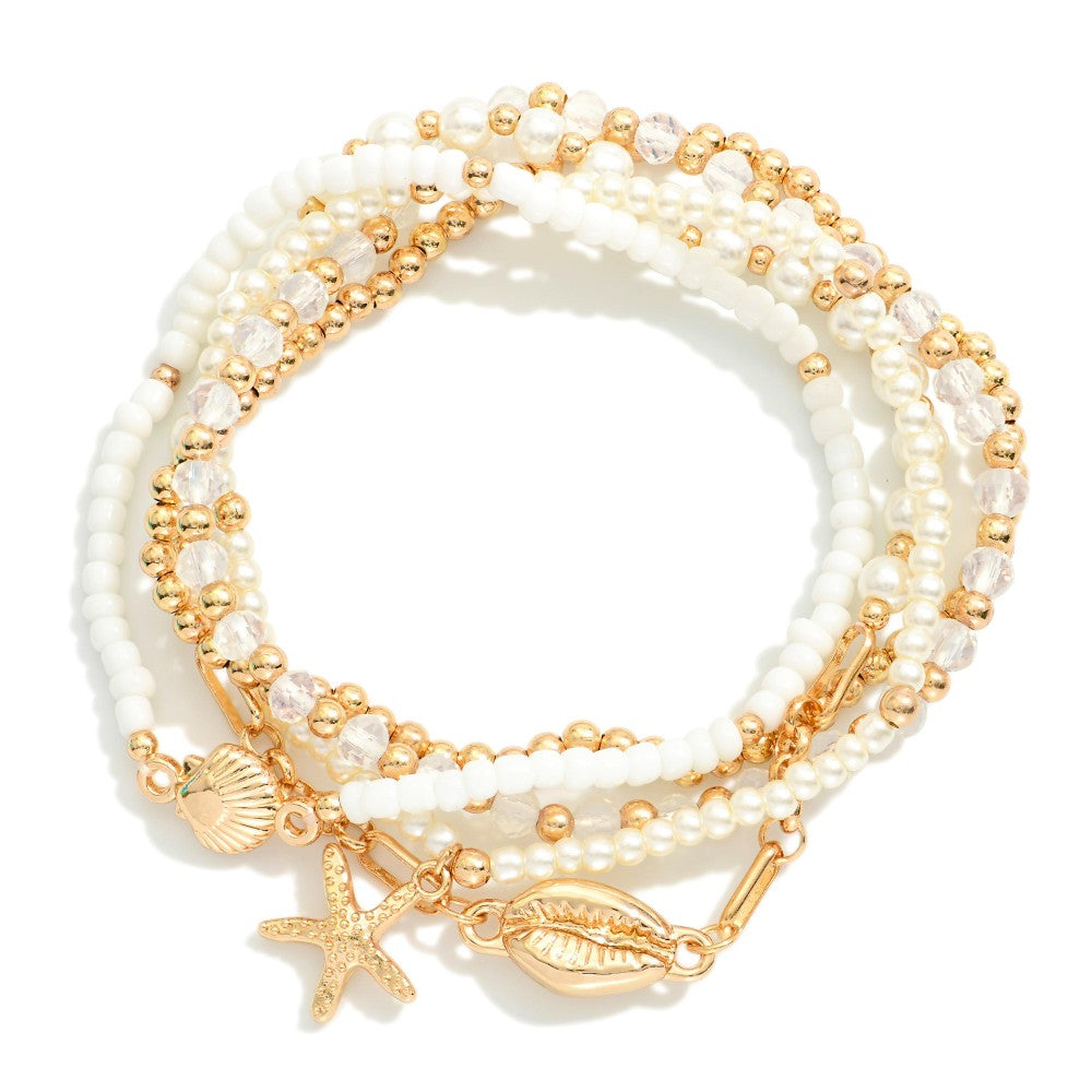 Set Of Five Beaded Stretch Bracelets Featuring Pearls, Metal Tones, & Metal Tone Sea Animal Charms - Gold