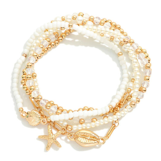 Set Of Five Beaded Stretch Bracelets Featuring Pearls, Metal Tones, & Metal Tone Sea Animal Charms - Gold