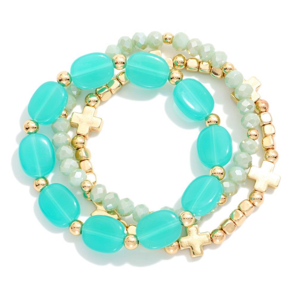 Set Of Three Beaded Stretch Bracelet Featuring Gold Tones, Stone, & Faceted Beads - Mint