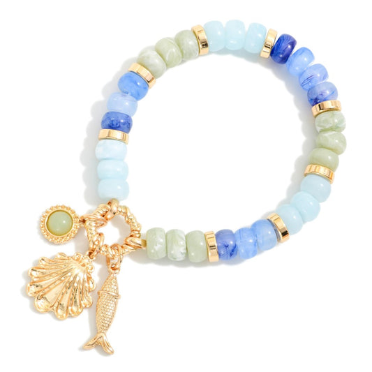 Candy Stone Beaded Stretch Bracelet Featuring Metal Tone Beach Charms - Blue