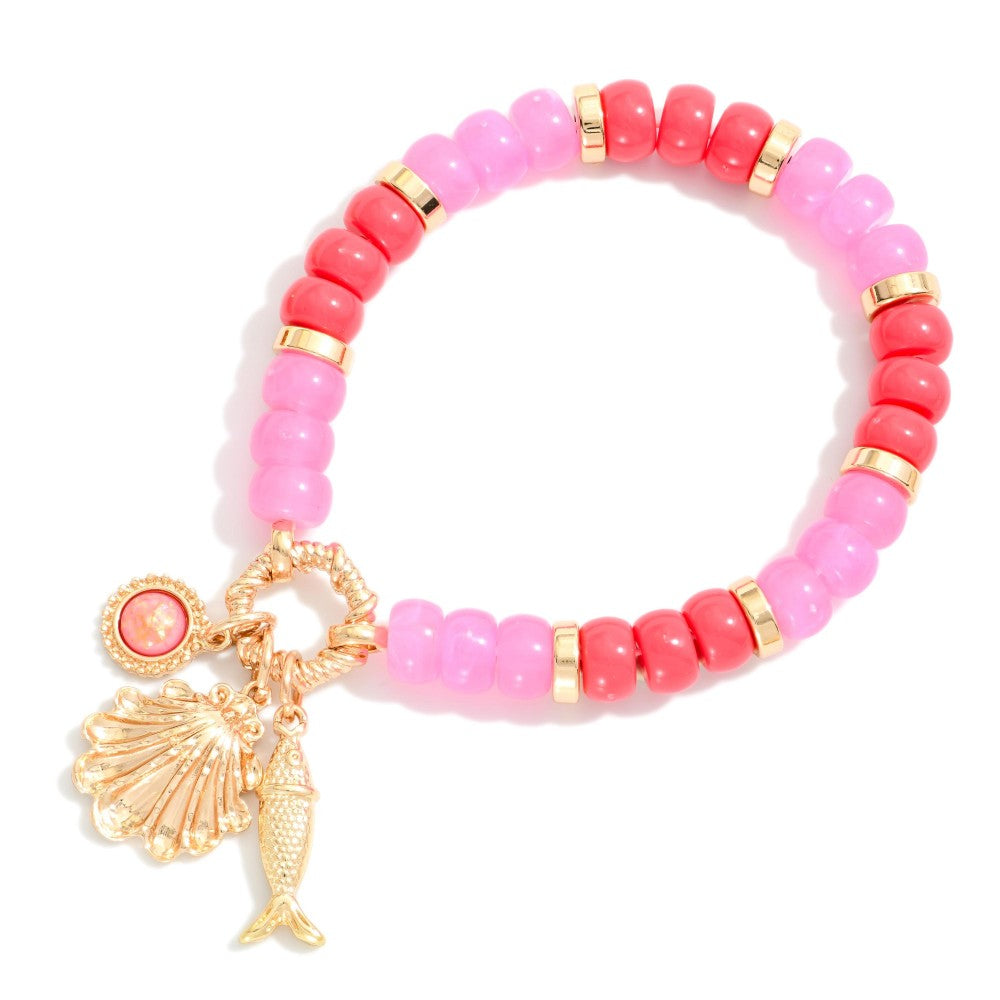 Candy Stone Beaded Stretch Bracelet Featuring Metal Tone Beach Charms - Pink