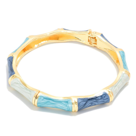 Marbled Enamel Bamboo Hinged Bangle Bracelet - Blue