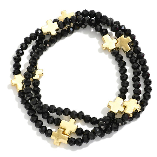 Set Of Three Faceted Bead Stretch Bracelets Featuring Metal Tone Cross Stations - Black