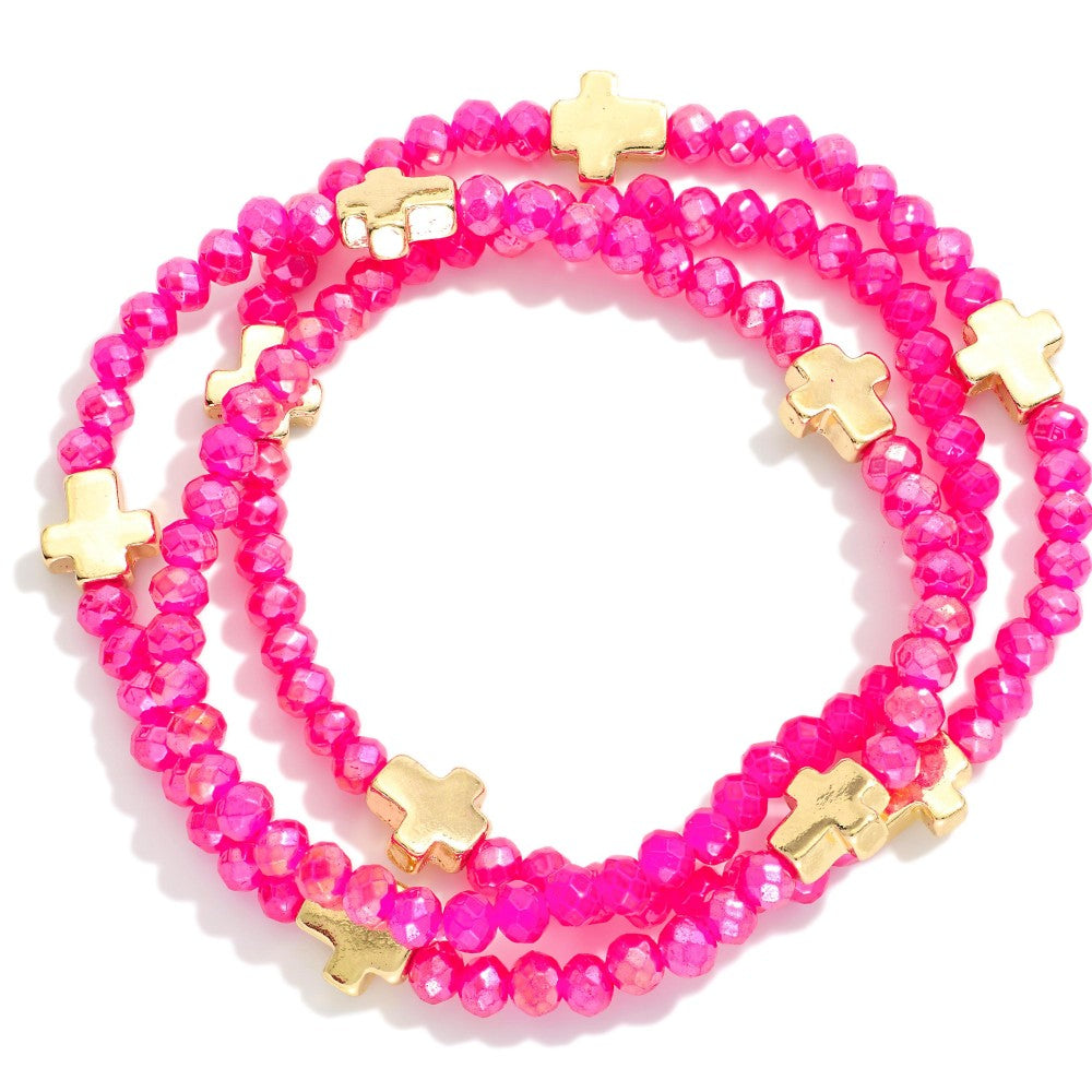 Set Of Three Faceted Bead Stretch Bracelets Featuring Metal Tone Cross Stations - Fuchsia