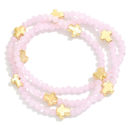 Set Of Three Faceted Bead Stretch Bracelets Featuring Metal Tone Cross Stations - Pink