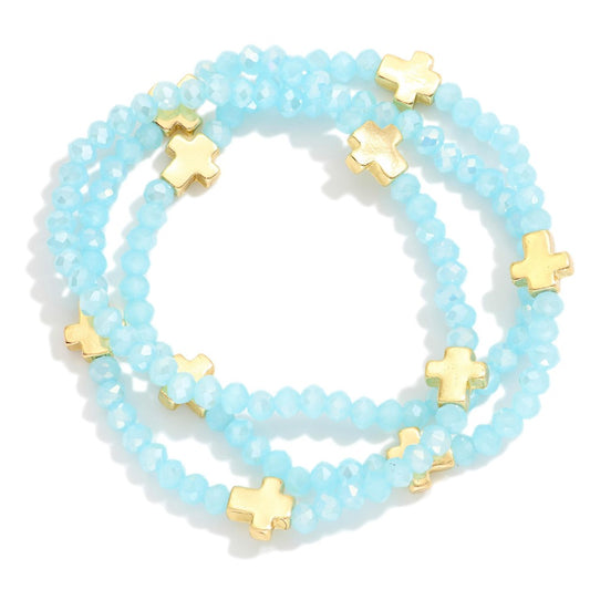 Set Of Three Faceted Bead Stretch Bracelets Featuring Metal Tone Cross Stations - Turquoise