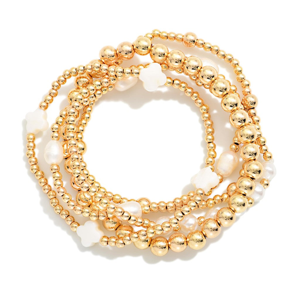 Set Of Five Metal Tone Beaded Stretch Bracelets Featuring Pearls & Clovers - White