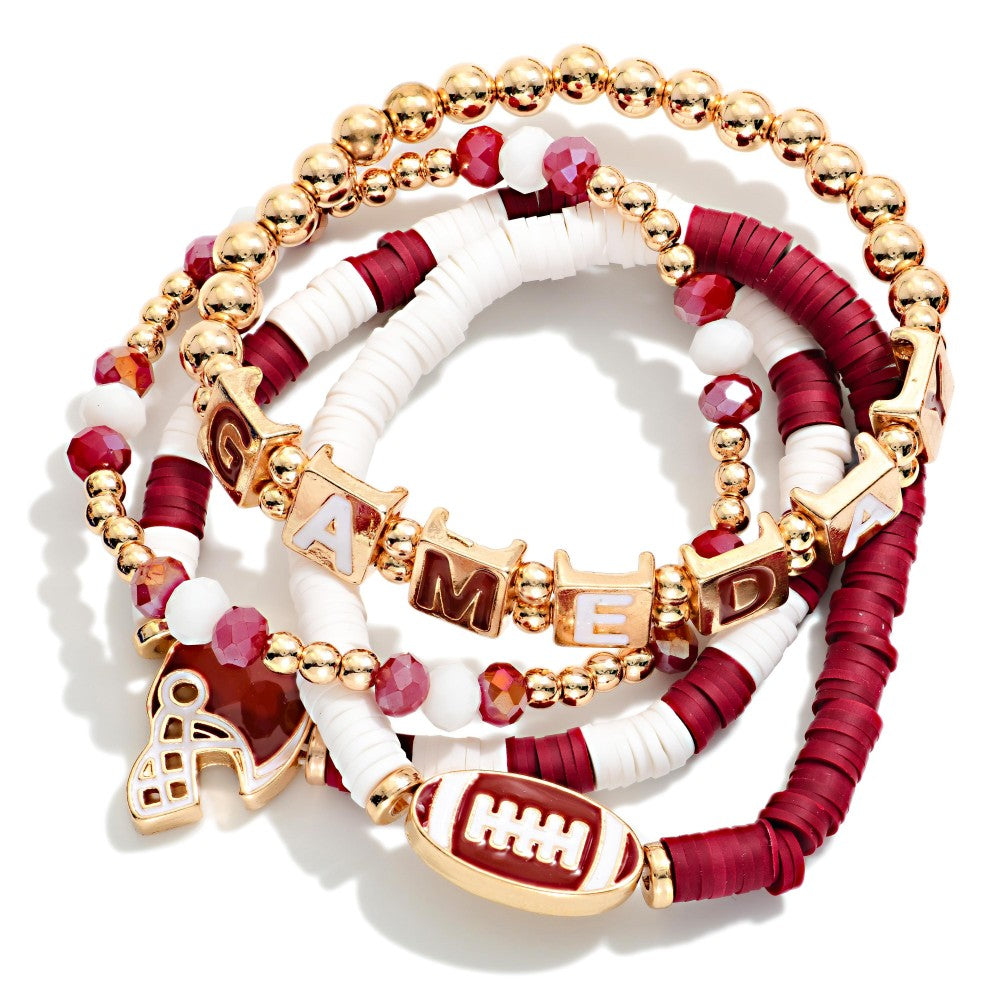 Game Day Football Heishi Beaded Bracelet Stack Set of 4 Burgundy White