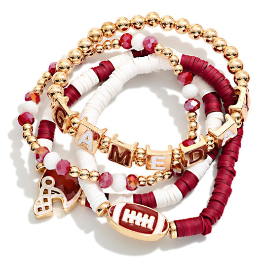 Game Day Football Heishi Beaded Bracelet Stack Set of 4 Burgundy White
