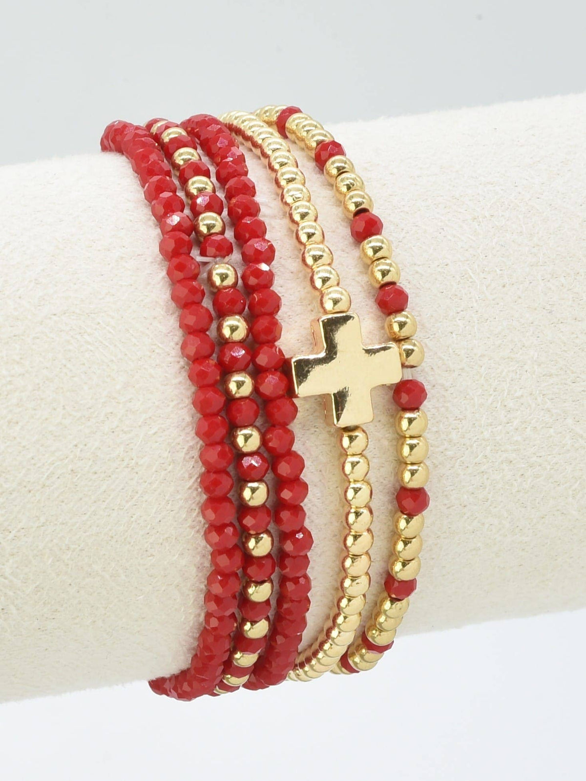 Red White & Gold Game Day Beaded Stretch Bracelet Stack Set of 5