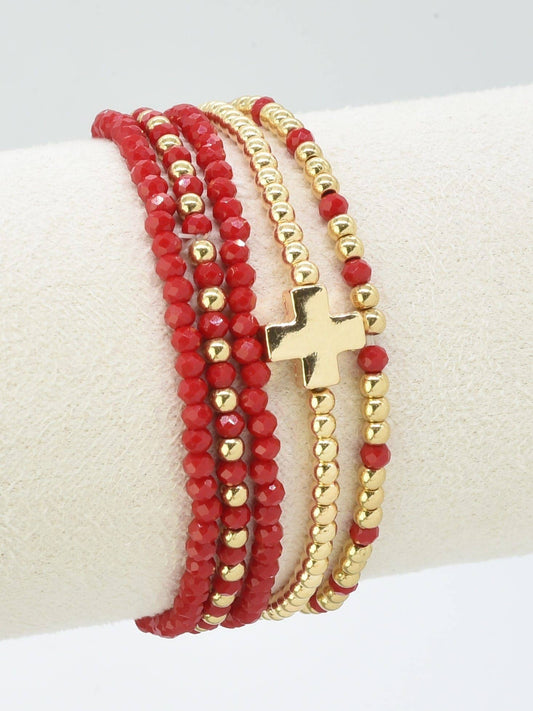 Red White & Gold Game Day Beaded Stretch Bracelet Stack Set of 5