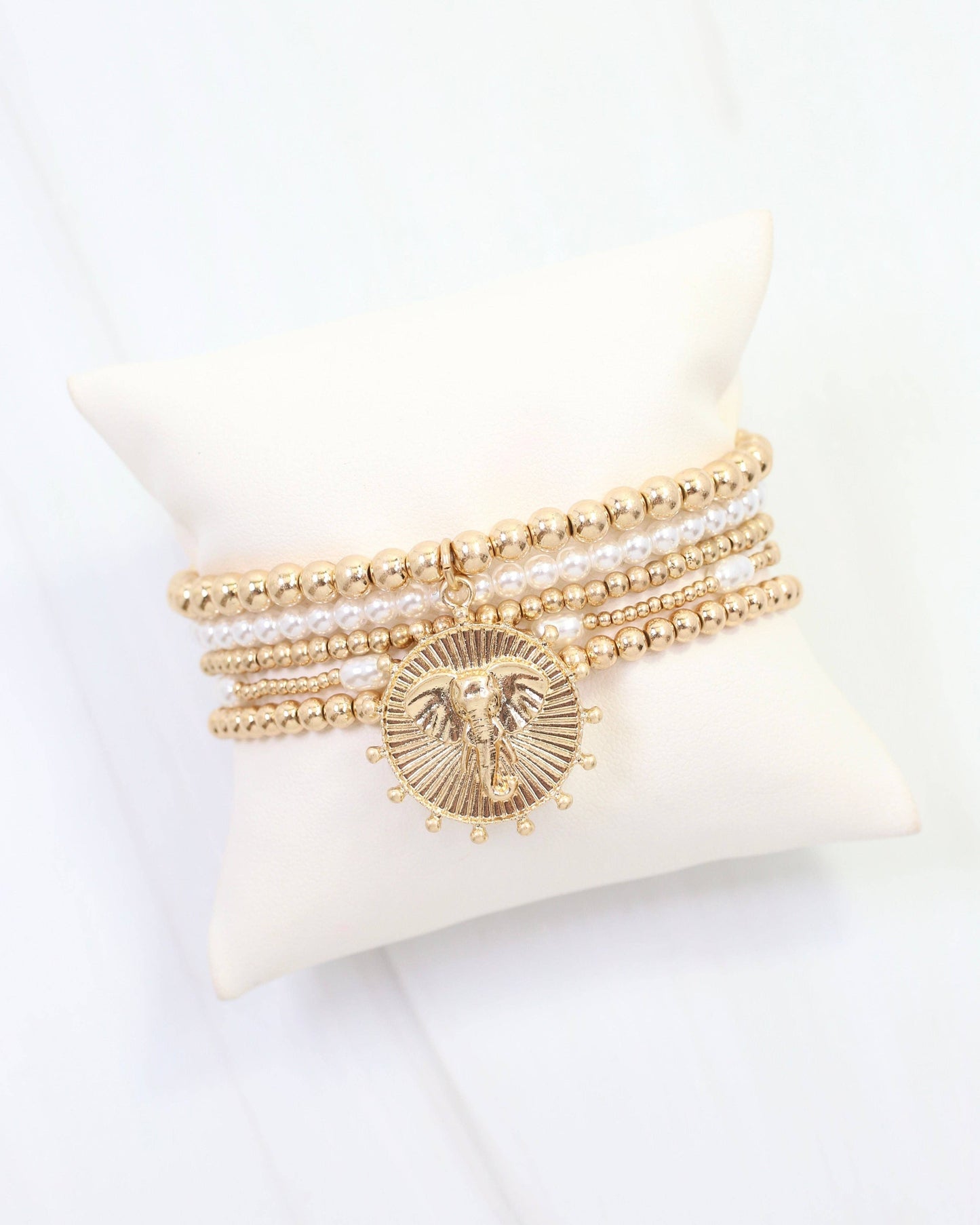 Caroline Hill Carmen Coin Beaded Bracelet Set Worn Gold Elephant