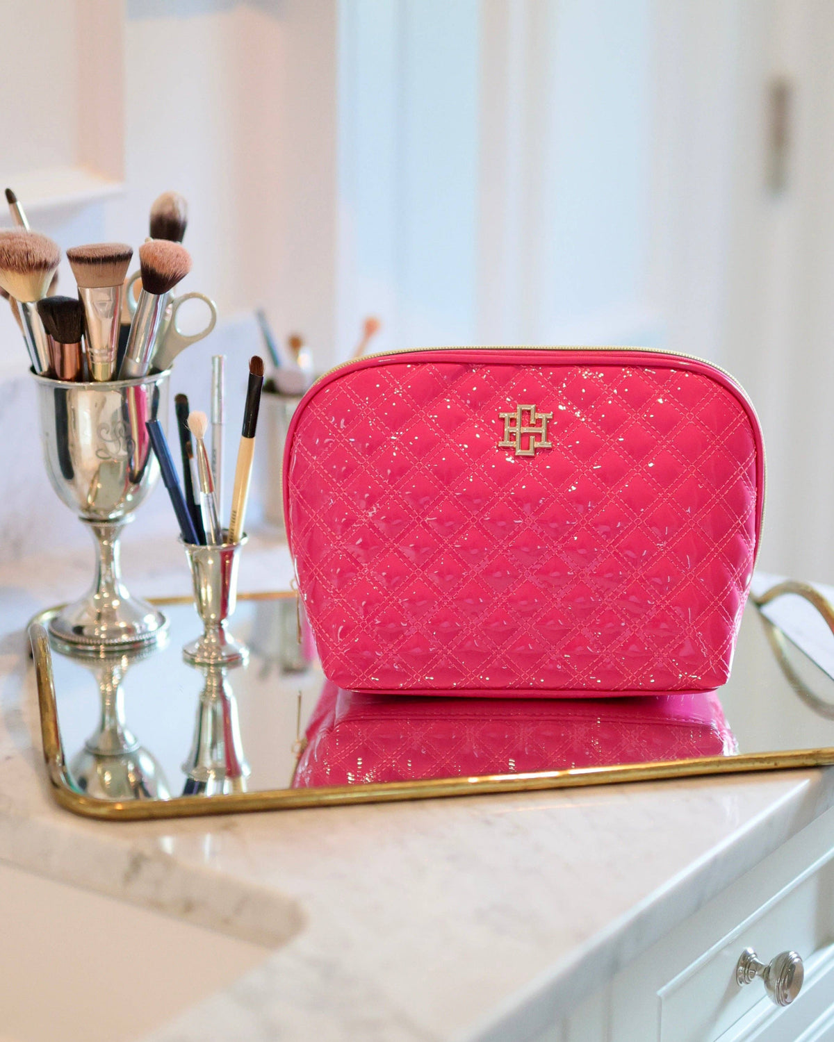 Caroline Hill Capri Large Hot Pink Patent Makeup Bag