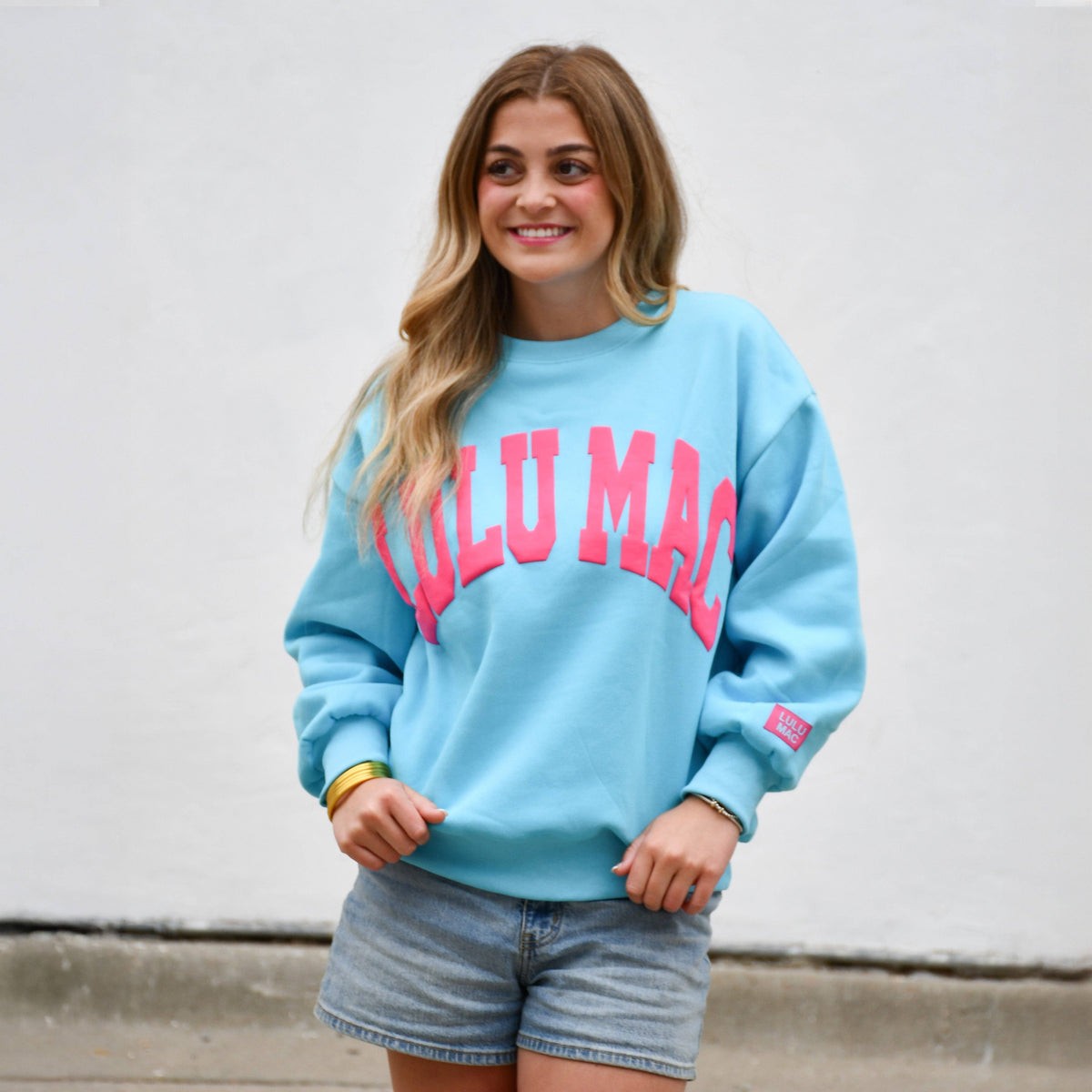 Lulu Mac Blue Hot Pink Puff Logo Oversized Sweatshirt Large