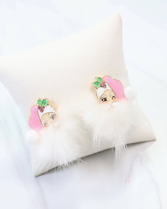 Caroline Hill Pink Fuzzy Santa Earrings Faux Fur Pom Pom Christmas Studs