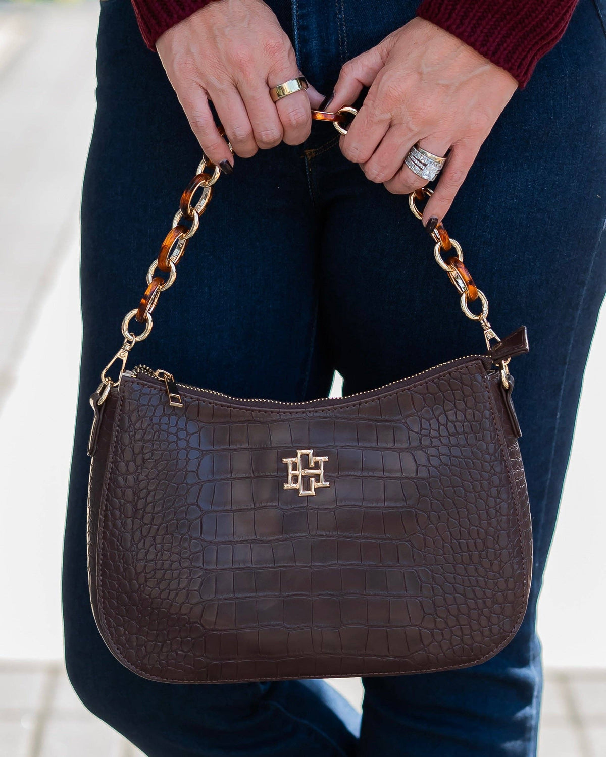 Caroline Hill Charlee Chocolate Brown Croc Embossed Crossbody Bag