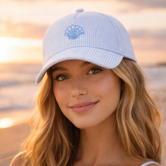 Skinny Stripe Hat With Embroidered Shell - Blue