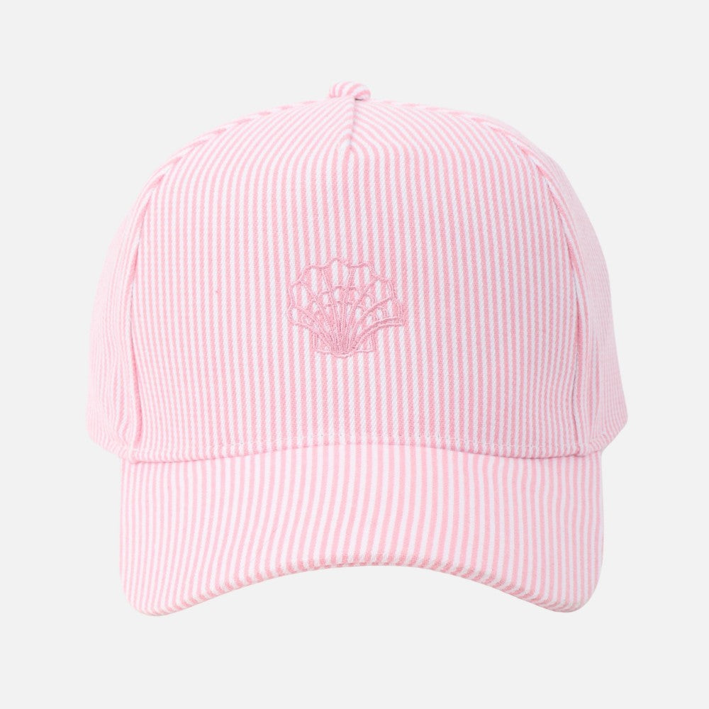 Skinny Stripe Hat With Embroidered Shell - Pink