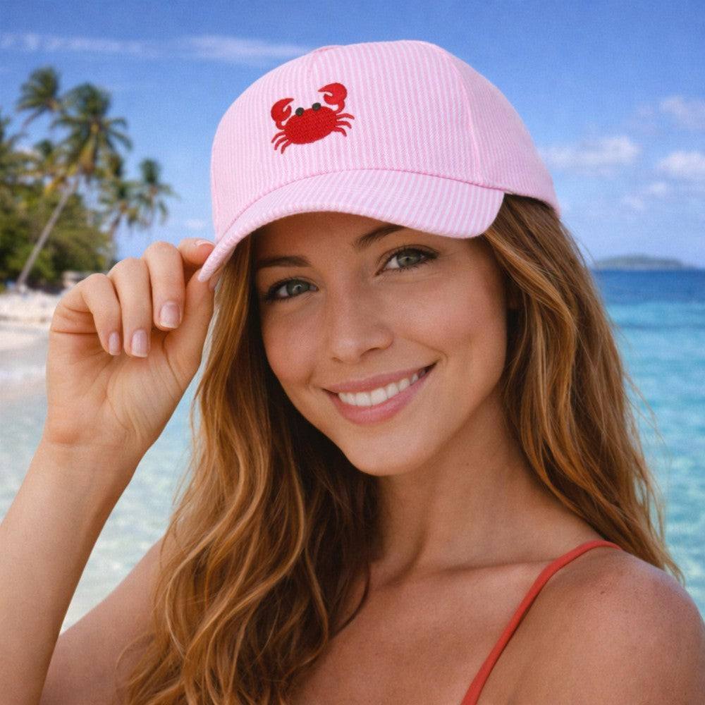 Skinny Stripe Baseball Cap With Embroidered Crab - Pink