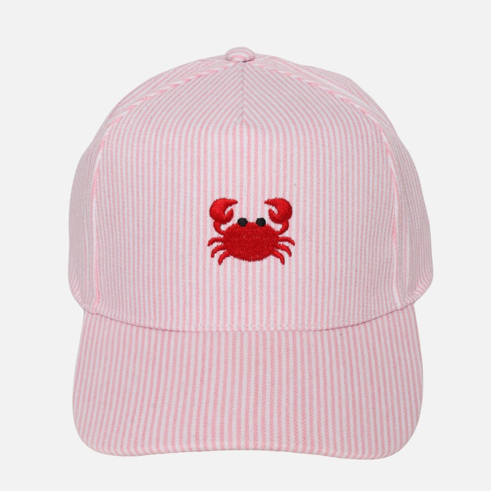 Skinny Stripe Baseball Cap With Embroidered Crab - Pink