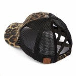 C.C Leopard Distressed Criss Cross Ponytail Baseball Cap Adjustable Trucker Hat