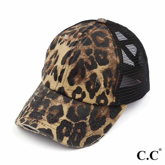 C.C Leopard Distressed Criss Cross Ponytail Baseball Cap Adjustable Trucker Hat