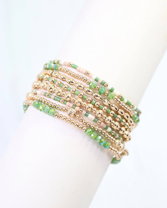 Caroline Hill Gabriela Green & Gold Beaded Bracelet Stack Set of 8