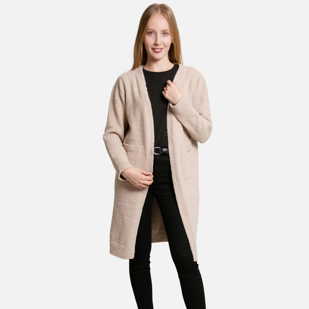 ComfyLuxe Solid Long Cardigan With Front Pockets - Beige