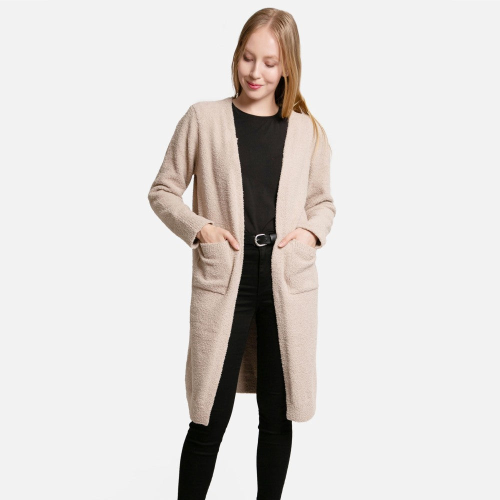 ComfyLuxe Solid Long Cardigan With Front Pockets - Beige