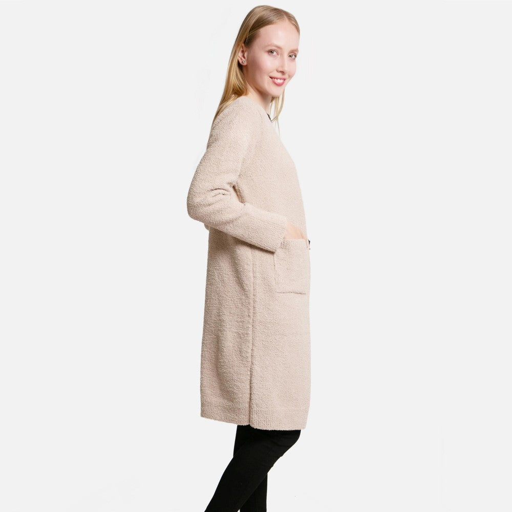 ComfyLuxe Solid Long Cardigan With Front Pockets - Beige