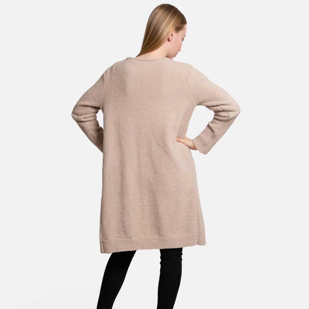 ComfyLuxe Solid Long Cardigan With Front Pockets - Beige