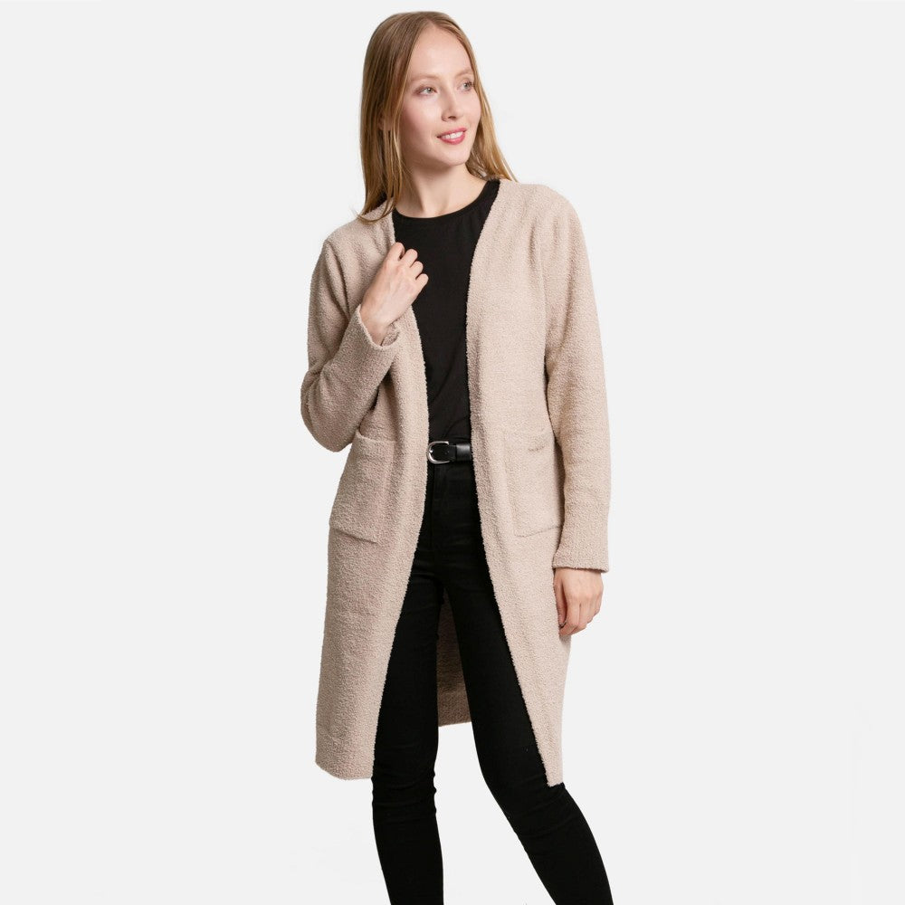 ComfyLuxe Solid Long Cardigan With Front Pockets - Beige