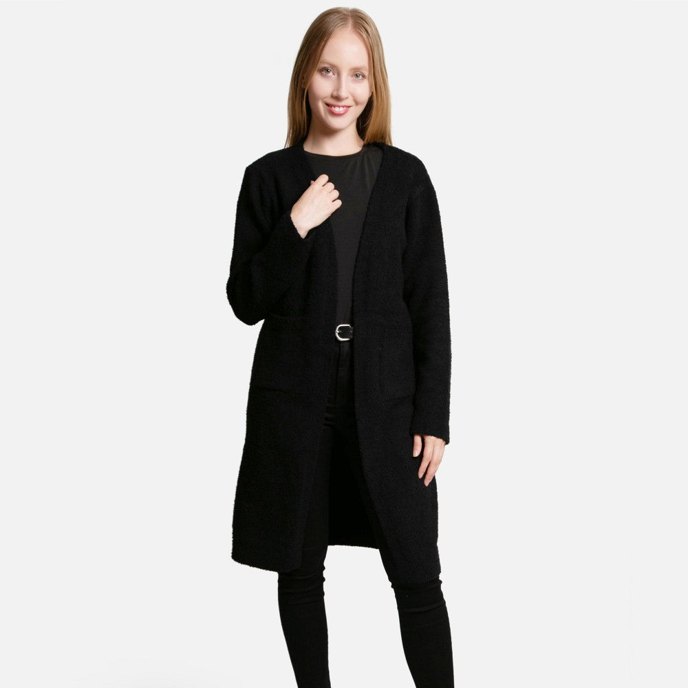 ComfyLuxe Solid Long Cardigan With Front Pockets - Black