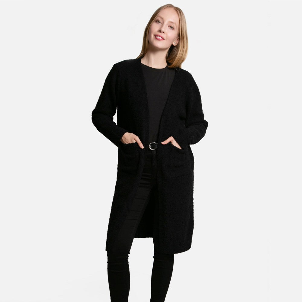 ComfyLuxe Solid Long Cardigan With Front Pockets - Black