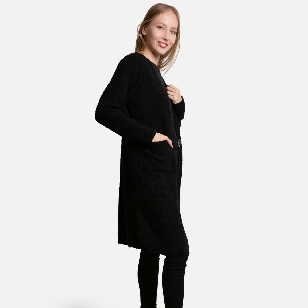 ComfyLuxe Solid Long Cardigan With Front Pockets - Black