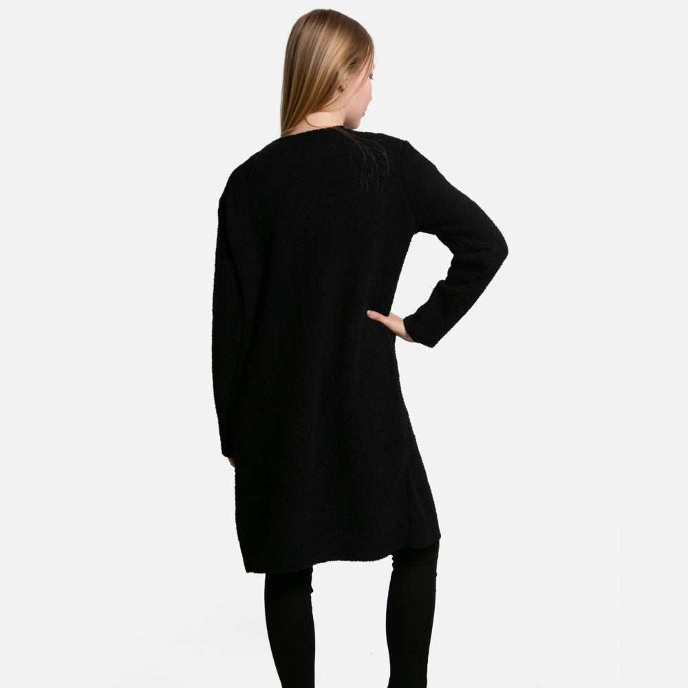 ComfyLuxe Solid Long Cardigan With Front Pockets - Black