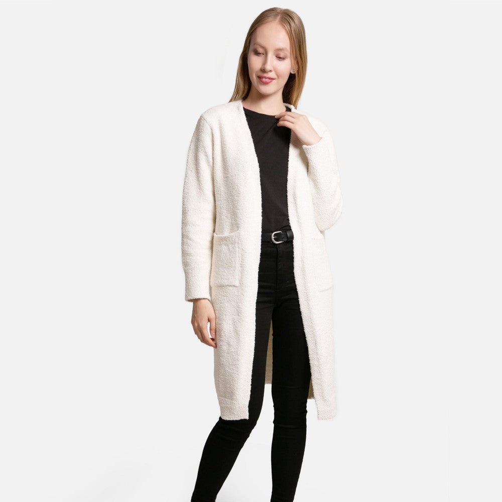 ComfyLuxe Solid Long Cardigan With Front Pockets - White