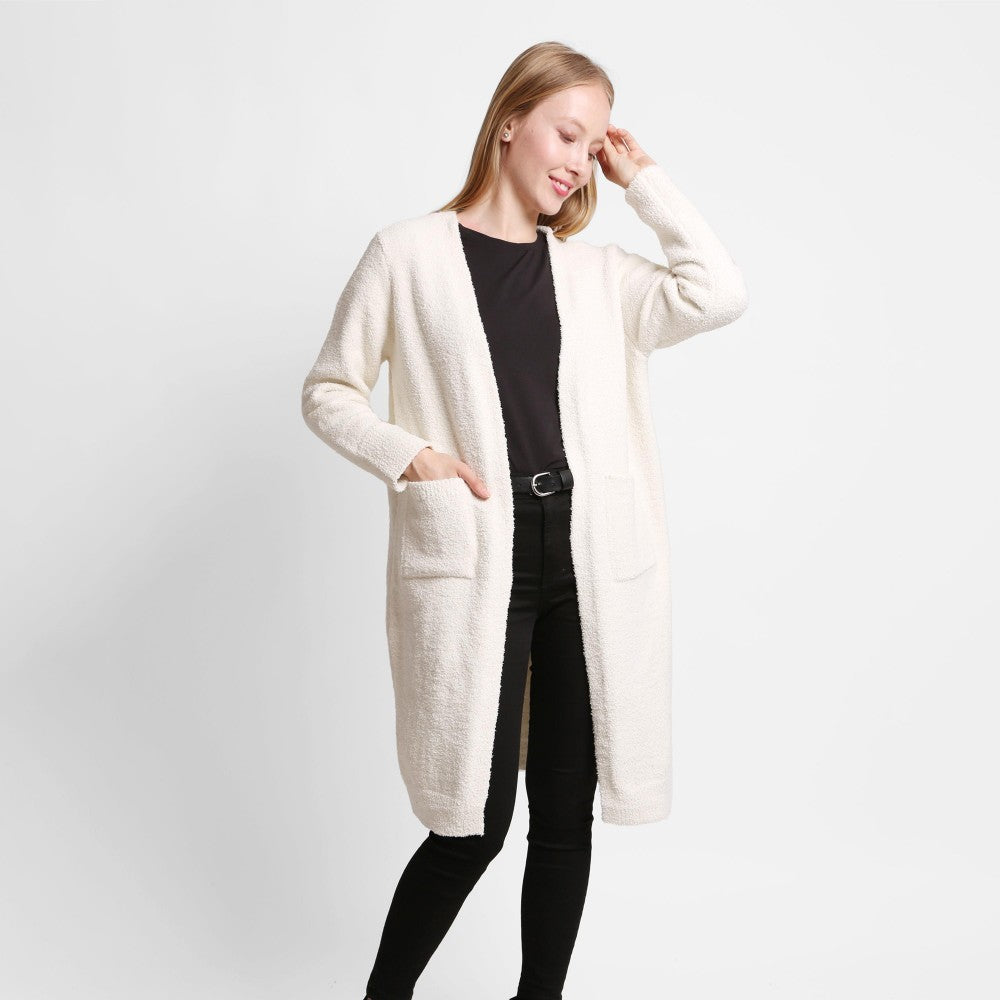 ComfyLuxe Solid Long Cardigan With Front Pockets - White