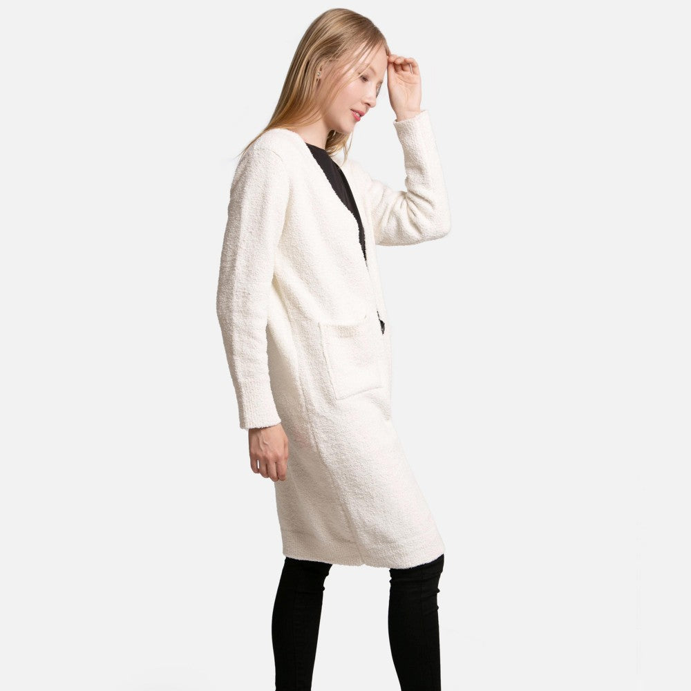 ComfyLuxe Solid Long Cardigan With Front Pockets - White