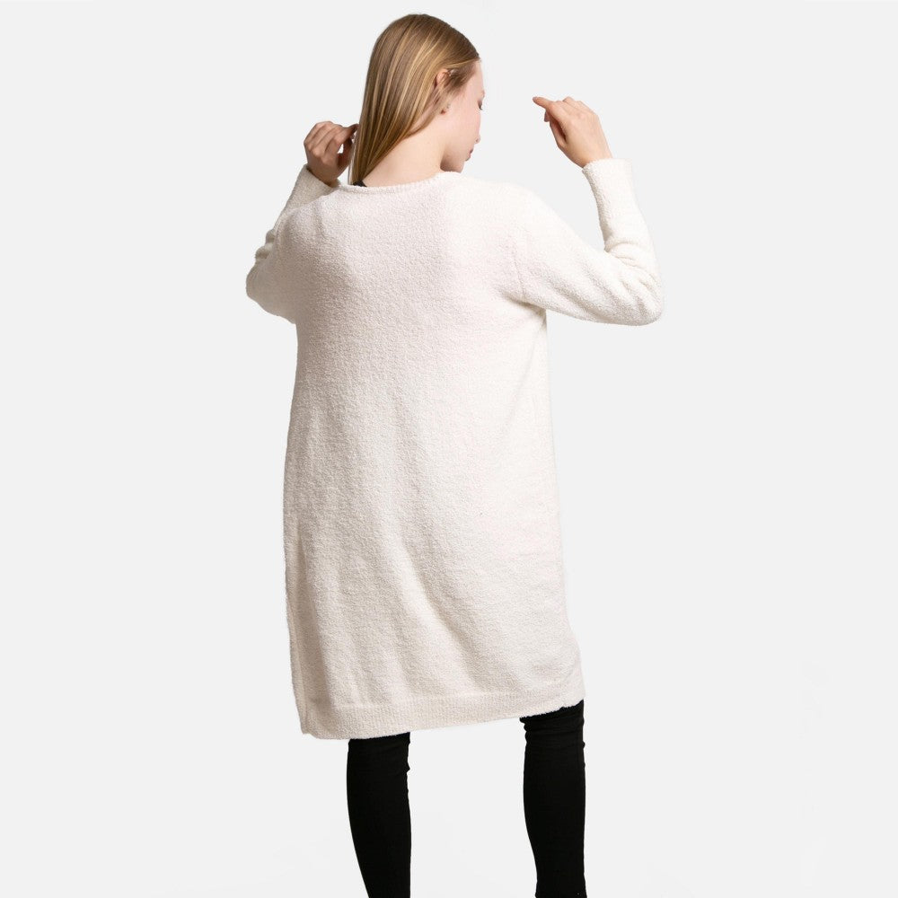 ComfyLuxe Solid Long Cardigan With Front Pockets - White