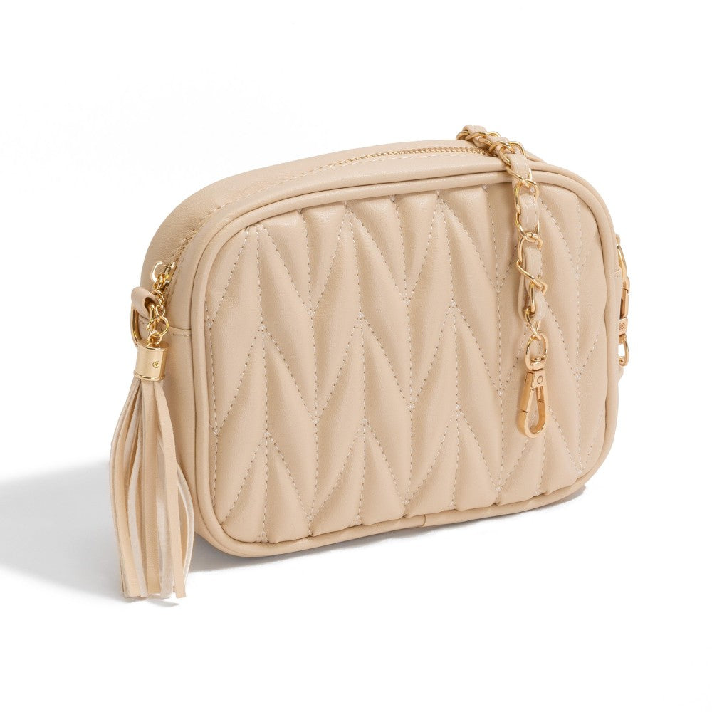 Quilted Braid Vegan Leather Crossbody Bag With Leather Tassel - Cream