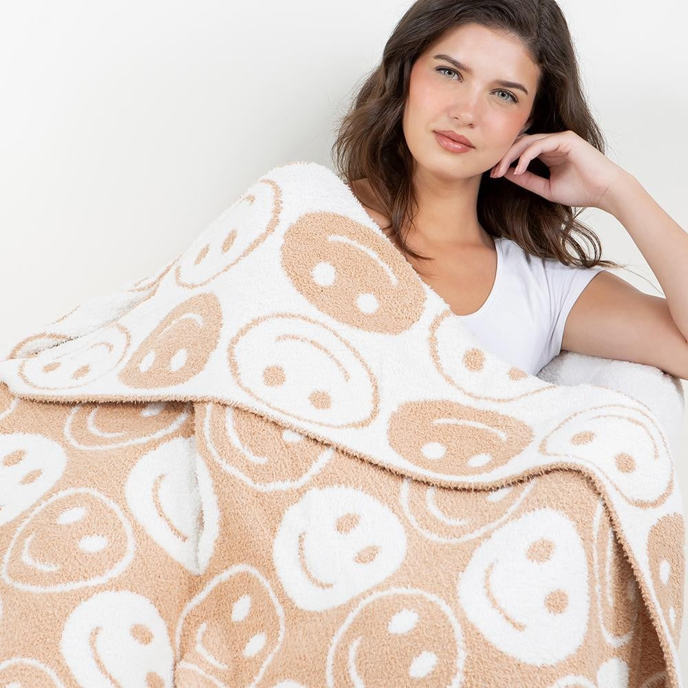 Super Soft Happy Face Print Brushed Poly Microfiber Throw Blanket - Brown