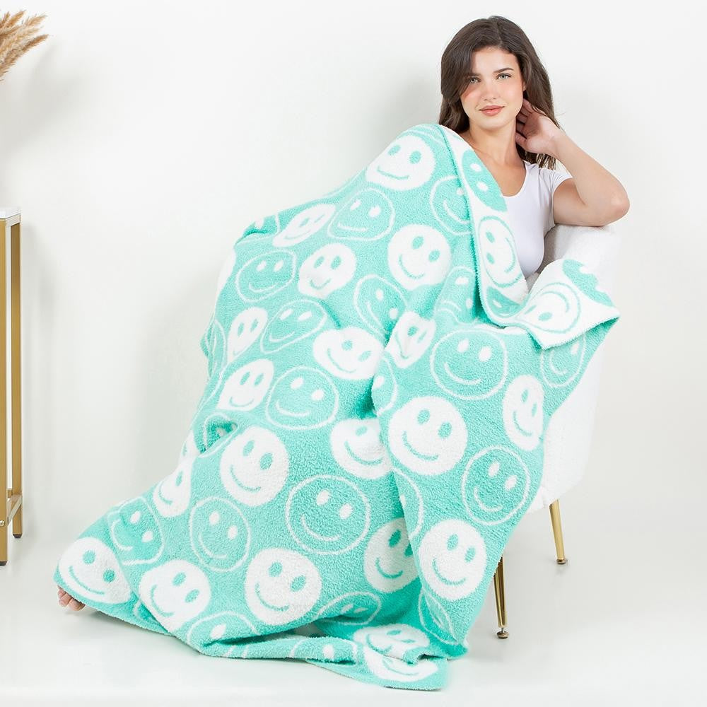 Super Soft Happy Face Print Brushed Poly Microfiber Throw Blanket - Mint