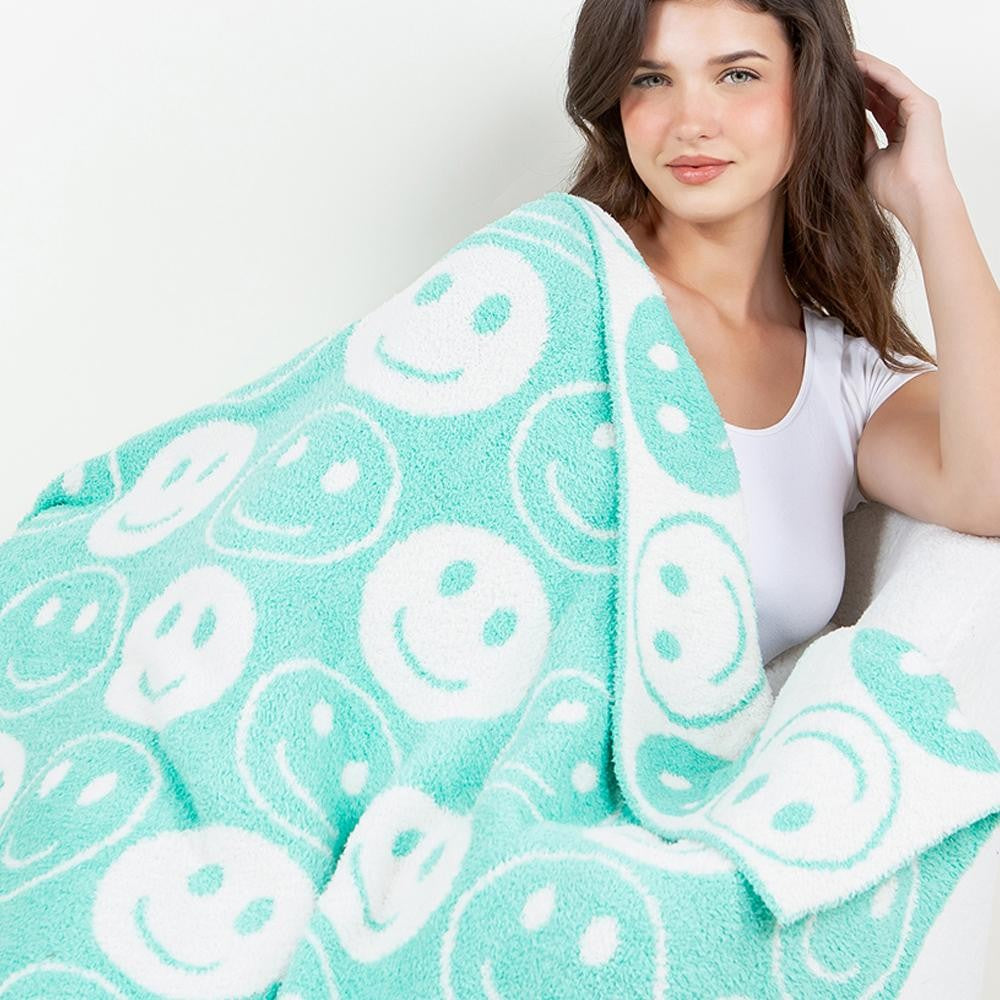 Super Soft Happy Face Print Brushed Poly Microfiber Throw Blanket - Mint