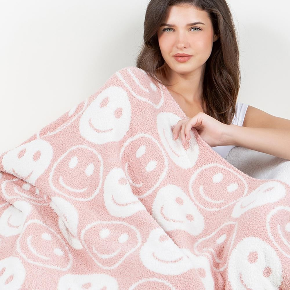 Super Soft Happy Face Print Brushed Poly Microfiber Throw Blanket - Pink